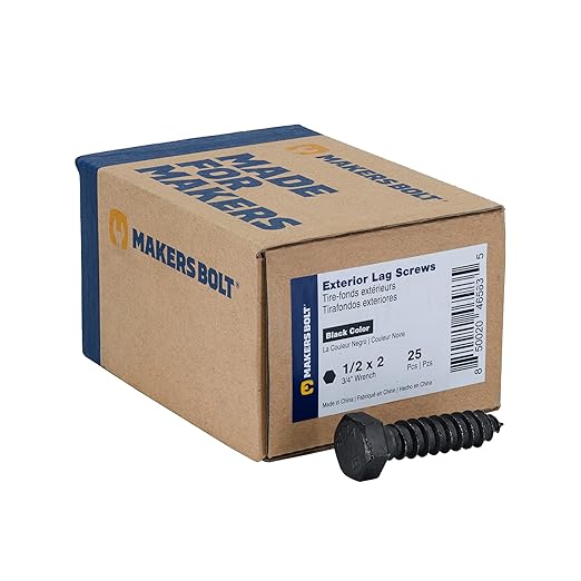 1/2" x 2?? 25-Piece Black Lag Bolts, Rustproof 4-Layer Ceramic BLAKOTE, 2X Protection of Galvanized Lag Screws, for Decks Pergolas by Makers Bolt