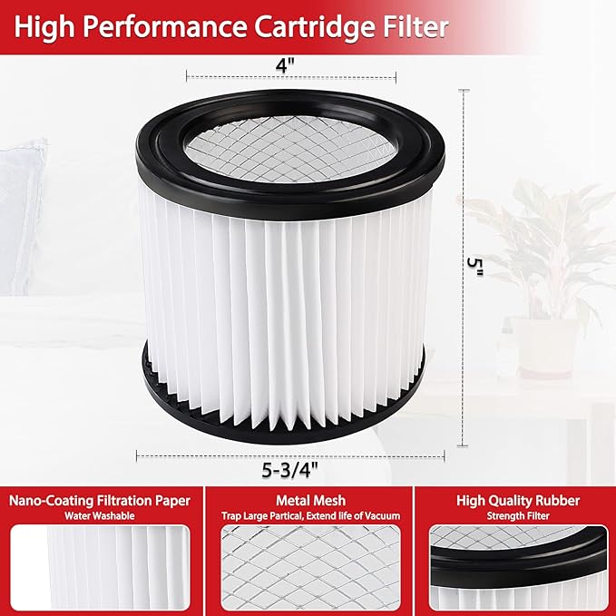Shop-Vac High Performance 90398 Cartridge Filter, Fits Most 4 Gallon and less Shop-Vac Wet/Dry Vacuums, High Efficiency Nanofiber Filtration Paper, PET and Reusable, 2 Pack