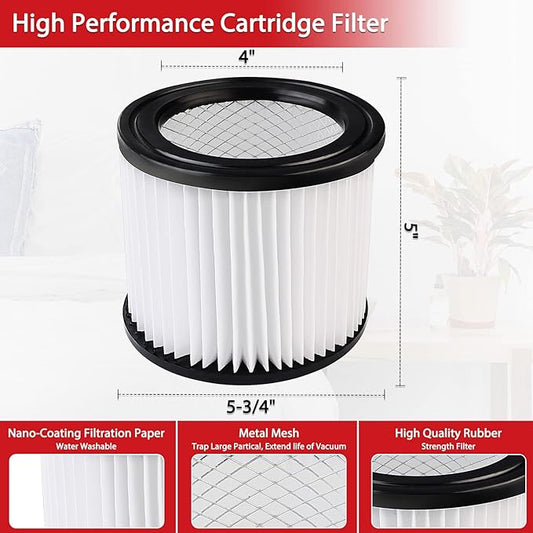 Shop-Vac High Performance 90398 Cartridge Filter, Fits Most 4 Gallon and less Shop-Vac Wet/Dry Vacuums, High Efficiency Nanofiber Filtration Paper, PET and Reusable, 2 Pack