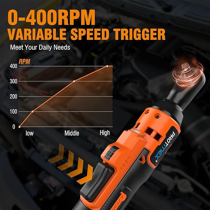 Protmex 3/8'' Cordless Ratchet Wrench, 60FT-LBS (80N.m) Electric Ratchet with 21V 2 X 2.0Ah Battery, 400 RPM Chargeable Power Ratchet Driver Set with 8 Sockets,1/4 Adaptor, 3" Extension Bar