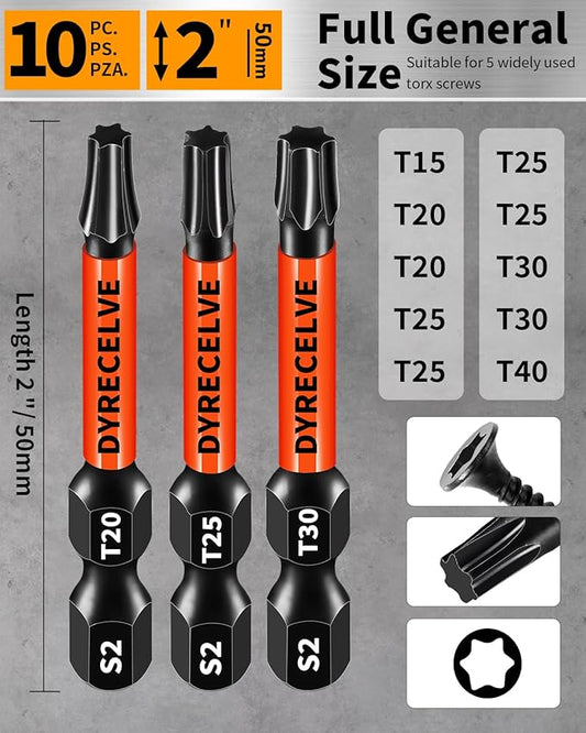 Impact Torx Bit Set T15 T20 T25 T30 T40, 10-Pack 2 Inch S2 Steel Magnetic Power Bits for Impact Driver, 1/4 Inch Hex Shank Heavy Duty Magnetic Grip (Anti-Slip)