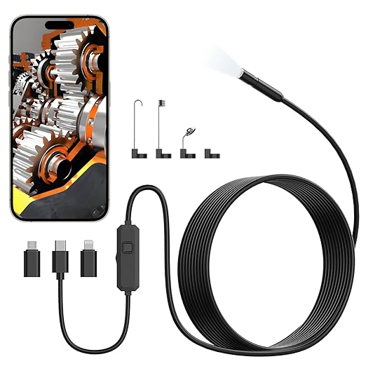 TOPDC Endoscope Camera with Light, 1920P HD Scope Camera, 8 LED Adjustable Inspection Borescope for Android and iOS, 16.4ft Semi-Rigid Snake Cable, IP67 Waterproof
