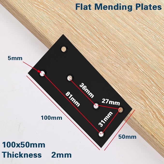 8Pcs Flat Mending Plates, 4" x 2" Flat Straight Brace Bracket, Heavy Duty 304 Stainless Steel Joining Plates for Shelves Cabinet,Furniture Corner Repair Fixing 100X50X2MM (Black with Screws)
