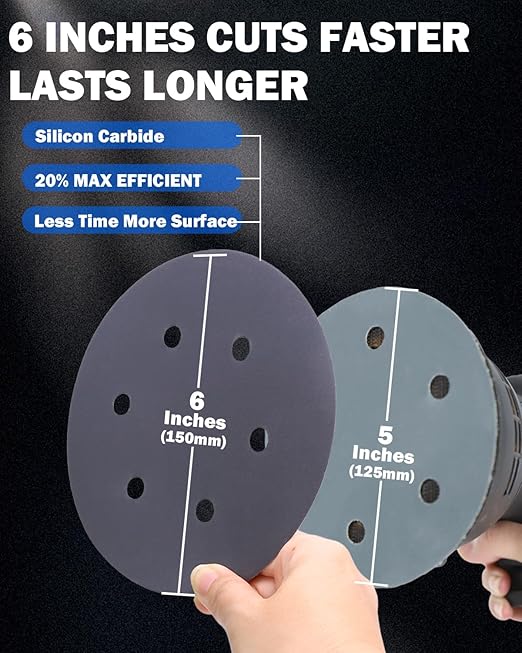 50PCS 6 Inch Wet Dry Sanding Paper Discs Hook and Loop, 6 Hole 120 to 1000 2000 3000 Grit Sandpaper for DA Random Orbital Sander, Silicon Carbide Fine Sandpaper Assortment for Car Wood Metal Polishing