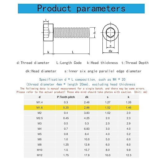 M1.6-0.35 x 4mm Socket Head Cap Screws Metric, Hex Socket Screw, Allen Socket Drive, 304 Stainless Steel (A2-70), Full Thread, Bright Finish, Machine Thread, DIN912,100 Pcs