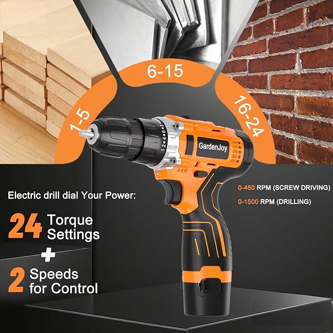 12V Orange Portable Drill Set, 2 Batteries + Fast Charger Included, 2-Speed Control, 3/8" Keyless Chuck, 24+1 Torque Settings, LED Work Light for DIY