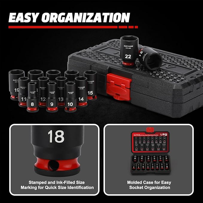 AIRTOON 3/8 in. Drive Semi-Deep Impact Sockets Set, Mid-Length Socket Set, Metric, 8 to 22 mm, 14-Piece, CR-MO, Stamped and Ink Filled Size Marking