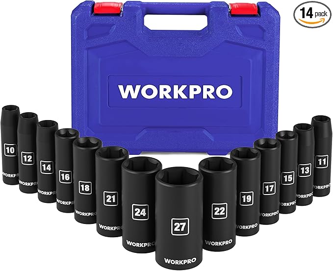 WORKPRO 14-Piece 1/2竊?Drive Deep Impact Socket Set, 6-Point Impact Deep Socket Set with Heavy Duty Storage Case for Automotive and Mechanical Repairs, 10mm-27mm, Cr-V Steel, Metric
