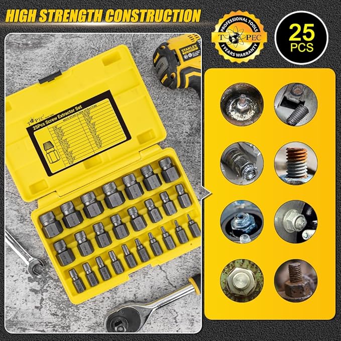 Topec 25Pcs-Double Head Screw Extractor Set, Newest Version 3/8??Drive 2-in-1 Functional Easy Out Bolt Extractor Set, Premium CR-MO Steel Rounded Bolt Remover