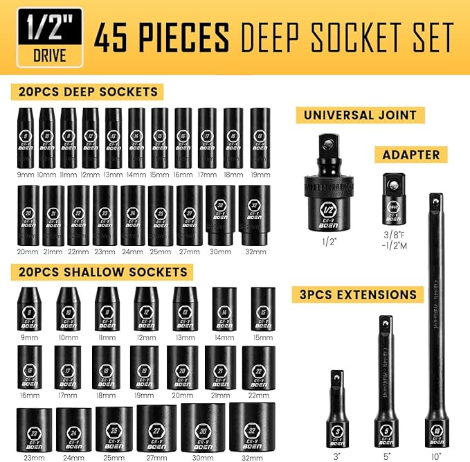 boen 45PCS 1/2??Drive Metric Socket Set, Impact Deep& Shollow Socket(9mm-32mm), 6 Point Lug Nut for Auto Repair with Portable Case, CR-V Steel