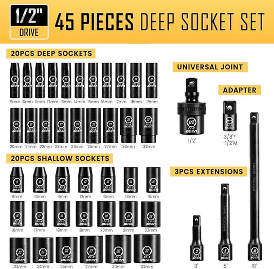 boen 45PCS 1/2??Drive Metric Socket Set, Impact Deep& Shollow Socket(9mm-32mm), 6 Point Lug Nut for Auto Repair with Portable Case, CR-V Steel
