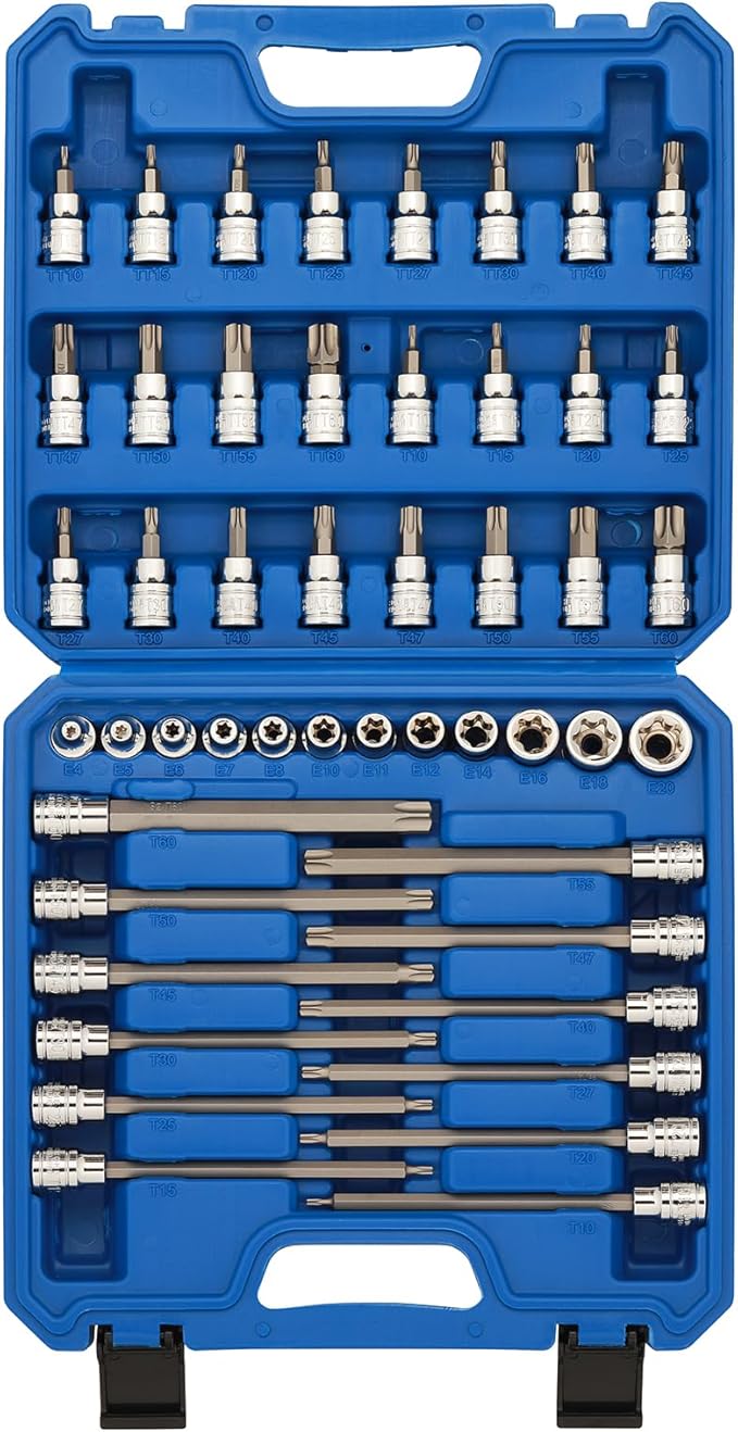 EMENTOL 48PCS 3/8"Dr. Master Torx Bit Socket Set, CR-V, S2 Steel, 5.9" Length Star Bit Socket Set, E4 -E20, T10-T60, TT10-TT60