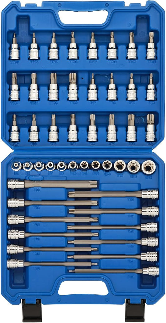 CASOMAN 48-Piece 3/8" Drive Master Torx Bit Socket and External Torx Socket Set, 6-Inch Extra Long, CR-V & S2 Steel