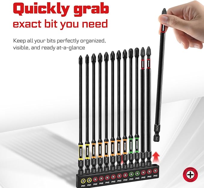 Double Impact #1#2#3 Phillipes Screwdriver Bits Set, 13pcs 6??(PH1/PH2/PH3) Magnetic D2 Steel Long Extension Driver Bits Set with Color Coded Base