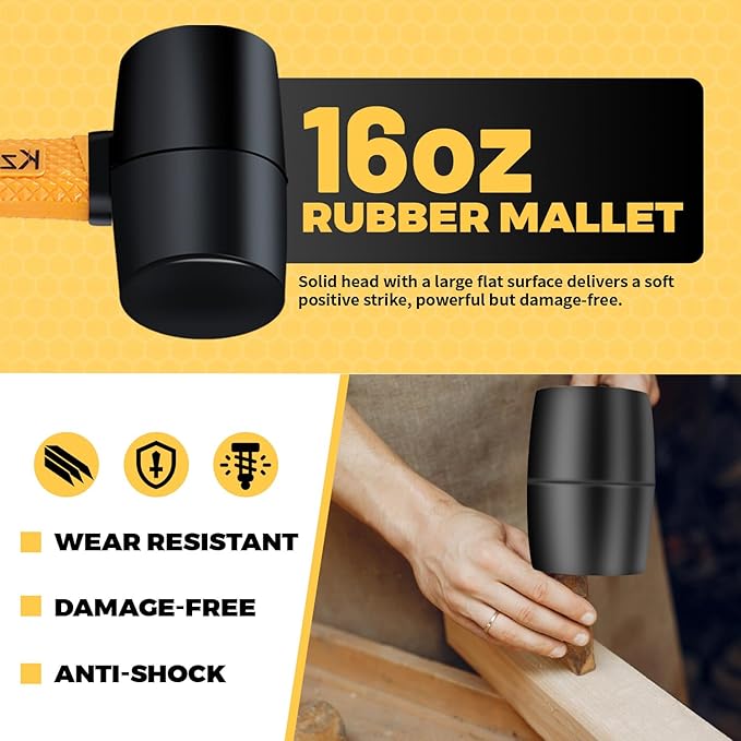 2-Pack Rubber Mallet Hammer Set, 16oz & 35mm Tool for Flooring, Tent Stakes, Woodworking, Camping, Crafts, Jewelry Wood，Fiberglass Shockproof Cushioned Grip, (16OZ 35MM Rubber Hamme)