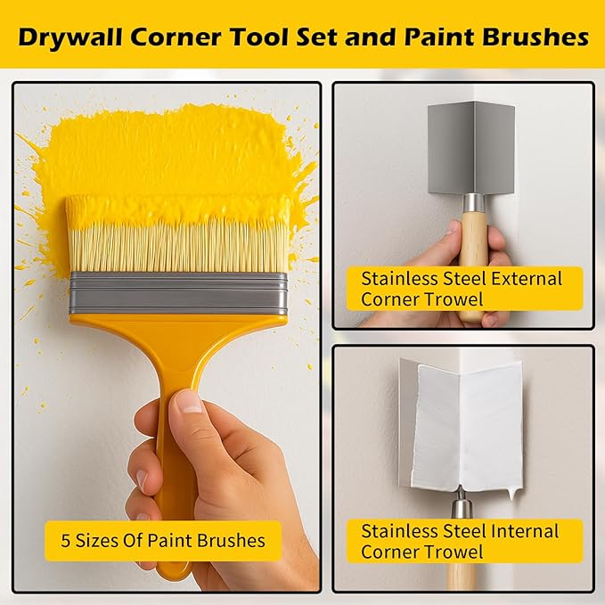 18 pcs Putty Knife Set,Drywall Knife,Espatulas Drywall Kit With Mud Pan,1??2??3??4??5??6??Spackle Knife,7??10??14??Taping Knives,External Corner Trowel & Internal Corner Trowel,5 Brushes And Gloves