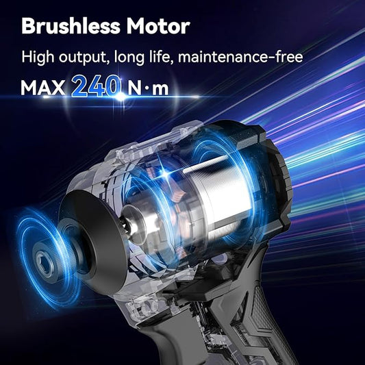NANWEI 20V Brushless Impact Driver，2100 In-lbs (240N·m) Max Torque, 1/4" Hex Shank, 2 x 2.0Ah Batteries, and Bit Set – Ideal for Heavy-Duty Home Improvement and DIY Projects(With Battery）