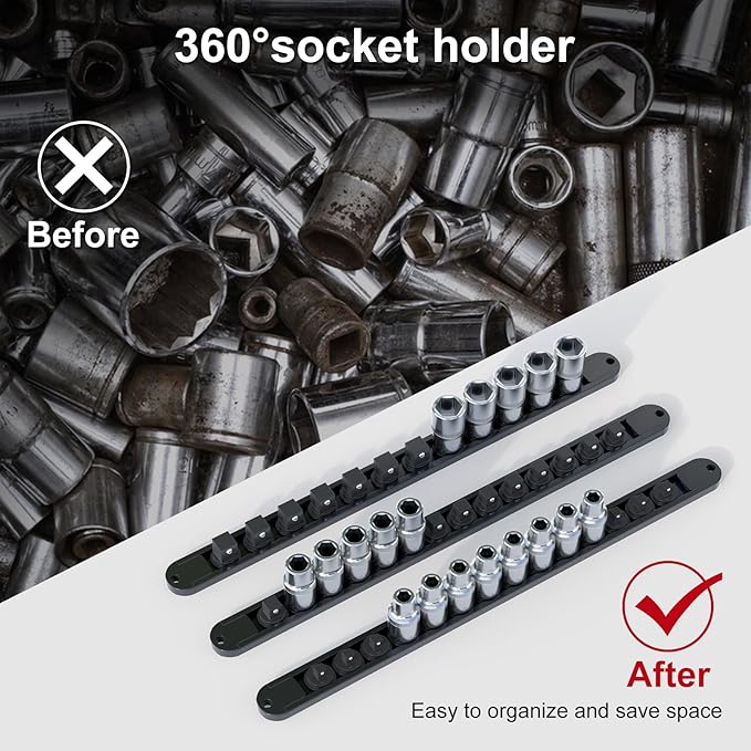 FivePears 3PCS 360째 Socket Organizer Twist Lock,3/8 1/4 1/2 Socket Storage Rails, Premium Quality Socket Holders for Tool Box 竊똖ool Carts竊똂ontains up to 40 Clips (Blue, Red and Black)