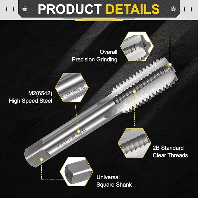 uxcell Hand Bottom Tap 3/4"-10 BSW 2B Thread Bottoming Style Threading Taps High Speed Steel HSS6542 Straight Flutes Screw Tapping Tool