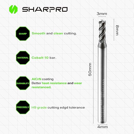 4mm Shank End Mill 3mm Cutting Dia. 4 Flutes AlCrN Coated Carbide Square CNC End Mills, Apply for Alloy Steel, Stainless Steel, and Various Cast Iron