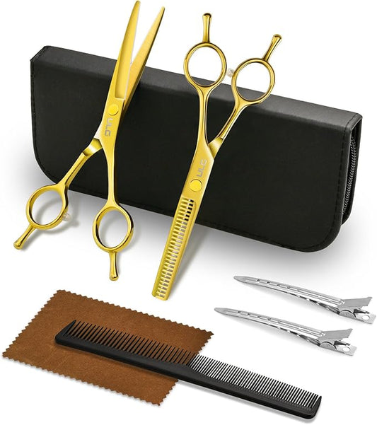 ULG Professional Hair Cutting Scissors Set ??6.5??Japanese Stainless Steel Barber Shears & Thinning Scissors with Comb, Clips & Case ??at-Home Salon Haircut Kit Gold