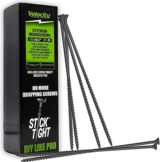 Velocity Long Length Exterior 7 Inch Wood Screws - T25 Torx Bits (Size #12) ??Rust Resistant Long Wood Screw Set with Stick Tight Hexstix Driver Bit, (25 Count)