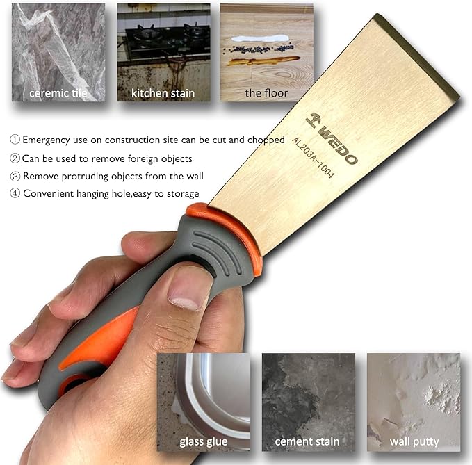 WEDO Non-Sparking Putty Knife 40mm(1-1/2??, Stiff Spark-free Safety Scraper Painter, Die-Forged, Corrosion Resistant, DIN Standard, Aluminum Bronze, 8??Length