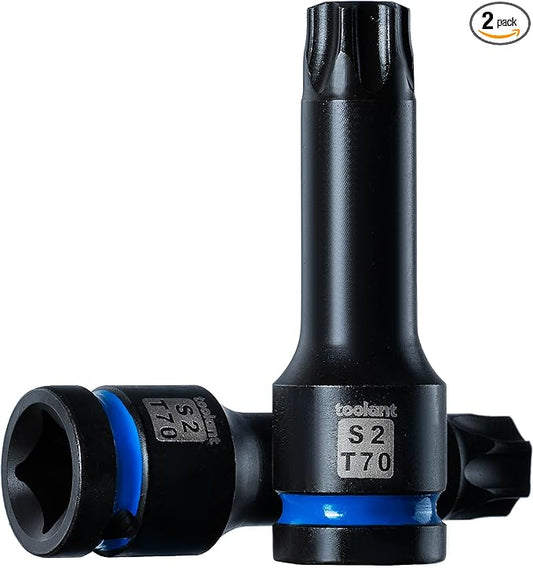 toolant Torx T70 Impact Bit Socket Set 2pcs,1/2" S2 Steel Air Drive Star Sockets, Long High Impact Bits,Professional Mechanic & Automotive Repair Socket Set