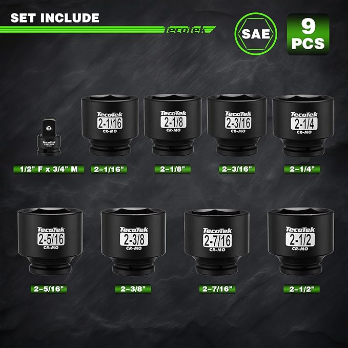 3/4" Drive 6-Point Impact Socket Set, 9-Piece Jumbo Assortment, Cr-Mo, SAE, 2-1/16 Inch to 2-1/2 Inch, 1/2" F to 3/4" M Impact Socket Adapter