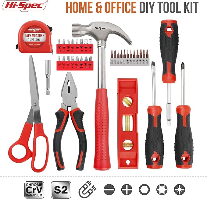 Hi-Spec Tool Set Kit, Red Household First Tool Kit and Starter Tool Set for Home and Office, Compact Easy Carry Toolbox