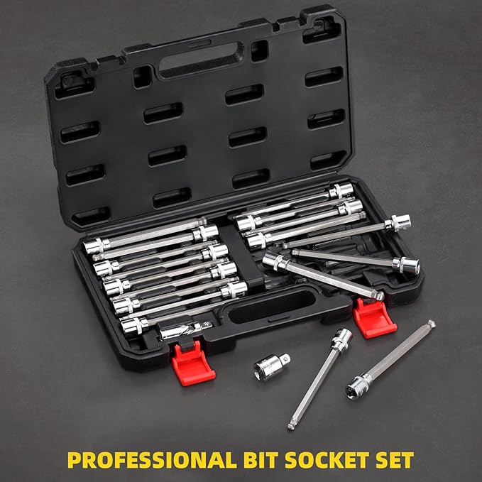 3/8 Inch Drive Extra Long Hex Bit Socket Set, 20-Piece Ball End Allen Socket Set With SAE and Metric 1/8 Inch to 3/8 Inch & 3mm to 10mm, CR-V and S2 Steel