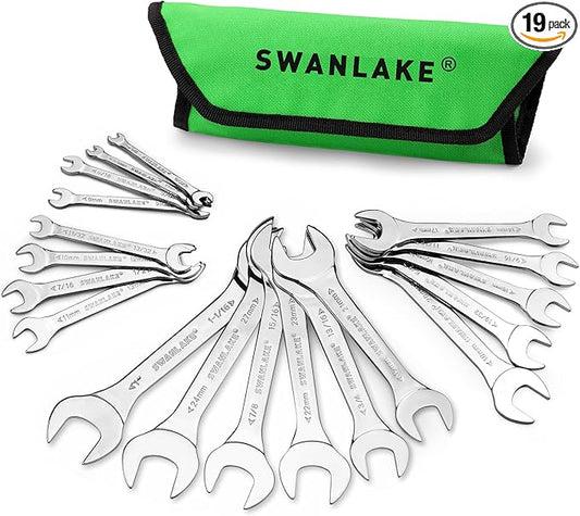 SWANLAKE 19Pcs Super-Thin Open End Wrench Set with Rolling Pouch, Carbon Steel SAE & Metric, 1/4" to 1-1/16" and 5.5mm to 27mm Slim Spanner Wrench Set (19pcs METRIC & SAE)