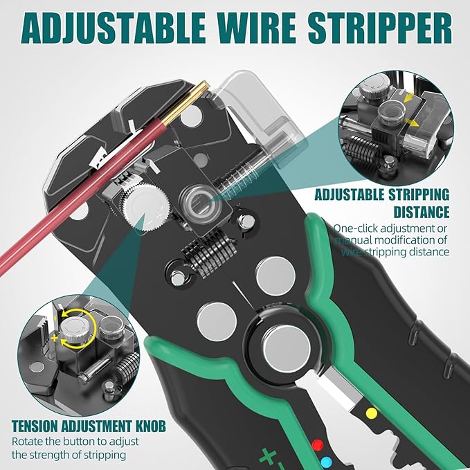 HARDELL+ Wire Stripper, Self-Adjusting Wire Stripping Tool with 27 Universal Accessories, 3 in 1 Stripper/Cutter/Crimping Tool for Electronics Projects/DIY/Home Repairs (10-24 AWG)
