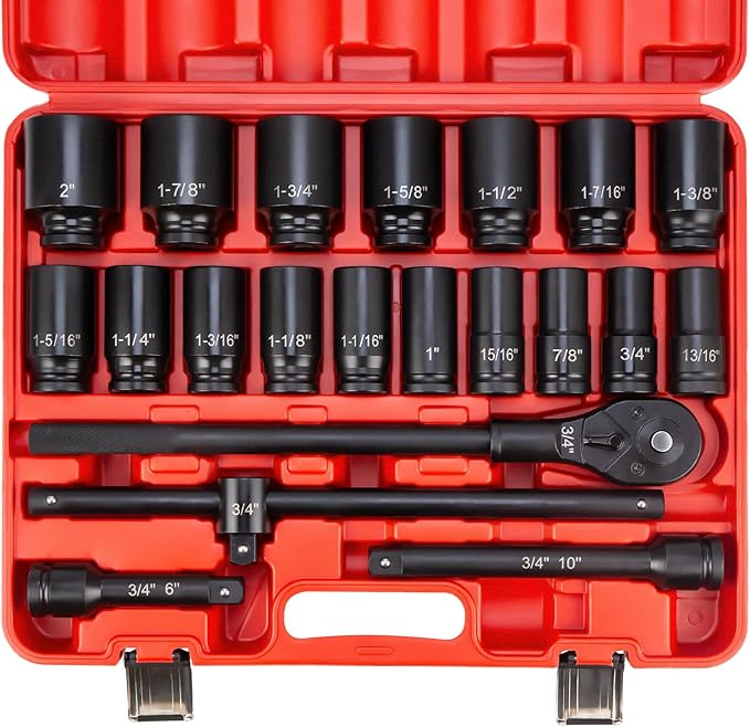 3/4" Drive Deep Impact Socket Set,21Pcs SAE (3/4 to 2 Inch) Sizes with Ratchet Wrench (24 tooth) Andextension Rod,6-Point Socket,Cr-Mo Steel Includes Adapters