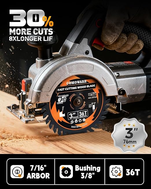 COMOWARE 3 Inch Circular Saw Blade 3 PCS, 36T ATB Circular Saw Blade, 7/16" Arbor 3/8“ Bushing, TCT Carbide-Tipped, Teflon Anti-Stick, Miter Saws Blades for Wood, Laminate, Plywood & Hardwoods