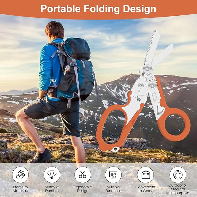 6in1 trauma shears - emergency responders, outdoor emergencies scissor, medical staff, and outdoor camping scissors, ttrauma scissors (orange)
