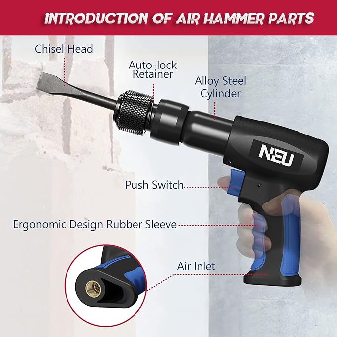 Air hammer, NEU PNEUPACTURE 190mm short barrel air chisel kit, with 4pcs chisels, with quick change retainer, 3500bpm air chisel for shoveling and cutting