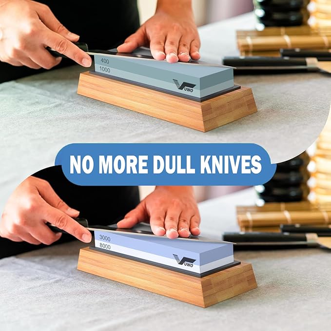 Knife Sharpening Stone Kit - Whetstone Grit 400/1000 3000/8000 Premium Knife Sharpener Wet Stone Set with Bamboo Base Angle Guide Leather Strop Flattening Stone Silicon holder
