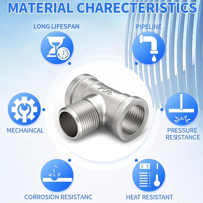 ChillWaves 304 Stainless Steel Pipe Fitting, Male Branch Tee 3/8" NPT Female x 3/8" NPT Male x 3/8" NPT Female Thread Adapter(4-PACK)