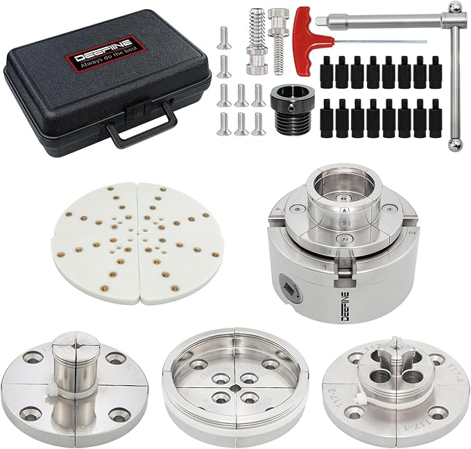 4 Inch Wood Lathe Chuck Set 1-1/4“x 8tpi Thread and 1"x8tpi Adapter, Nickel Plated Self Centering 4 Jaw Wood Turning Chuck set(5 jaws)…