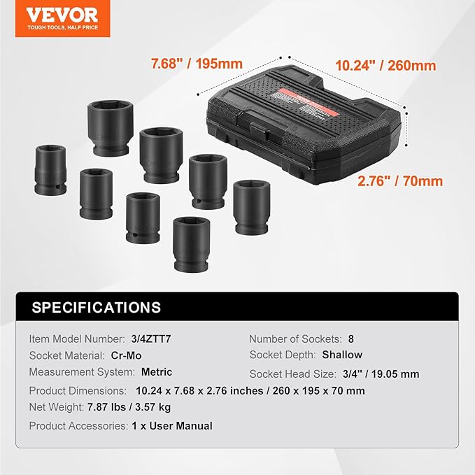 VEVOR Axle Nut Impact Socket Set, 3/4" Drive 6-Point 8-Piece Metric Spindle Nut Socket Set, CR-MO Heat Treated Large Socket Set with Storage Case, for Auto Repair, Removing or Installing Axle Nuts