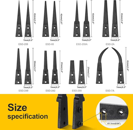 FEITA Anti Static Precision Tweezers ESD-Series Replacement Pointed, Curved & Flat Head, ESD Stainless Steel Twizzers Replaceable Carbon Fiber Plastic Tips With Locking Screws (8Types Each 1Pair)