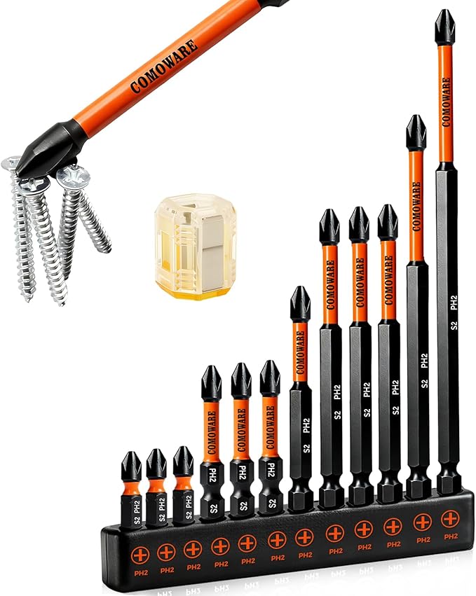 COMOWARE 13pcs Phillips Impact Screwdriver Drill Bits #2, S2 1/4" Hex Screwdriver Bit Set, 1-6" Length, CNC Tip Magnetic Drill Bit, Impact Hex Bits Sets with Magnetizer For Power Drill