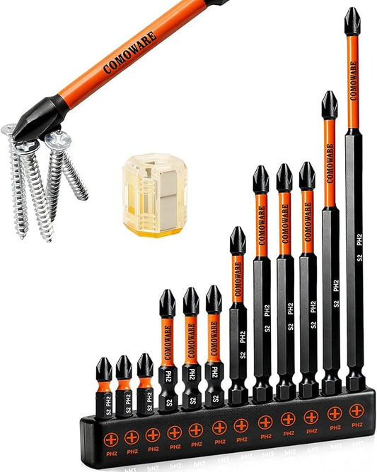 COMOWARE 13pcs Phillips Impact Screwdriver Drill Bits #2, S2 1/4" Hex Screwdriver Bit Set, 1-6" Length, CNC Tip Magnetic Drill Bit, Impact Hex Bits Sets with Magnetizer For Power Drill