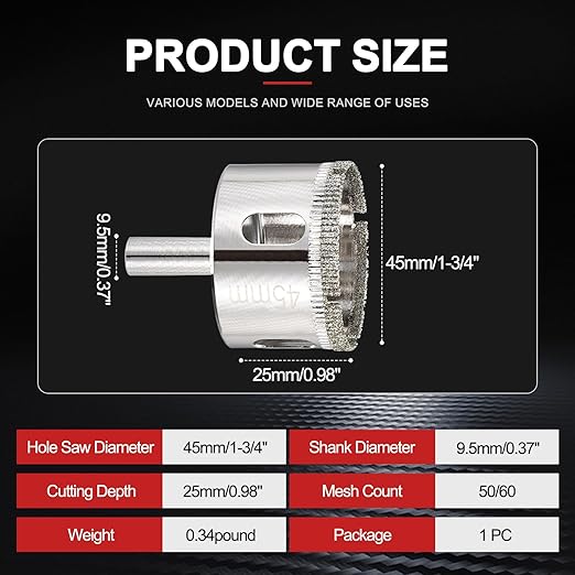 PATIKIL 1-3/4" (45mm) Diamond Hole Saw, Glass Diamond Hole Cutters Hollow Core Drill Bits for Fiberglass, Tile, Porcelain, Ceramic