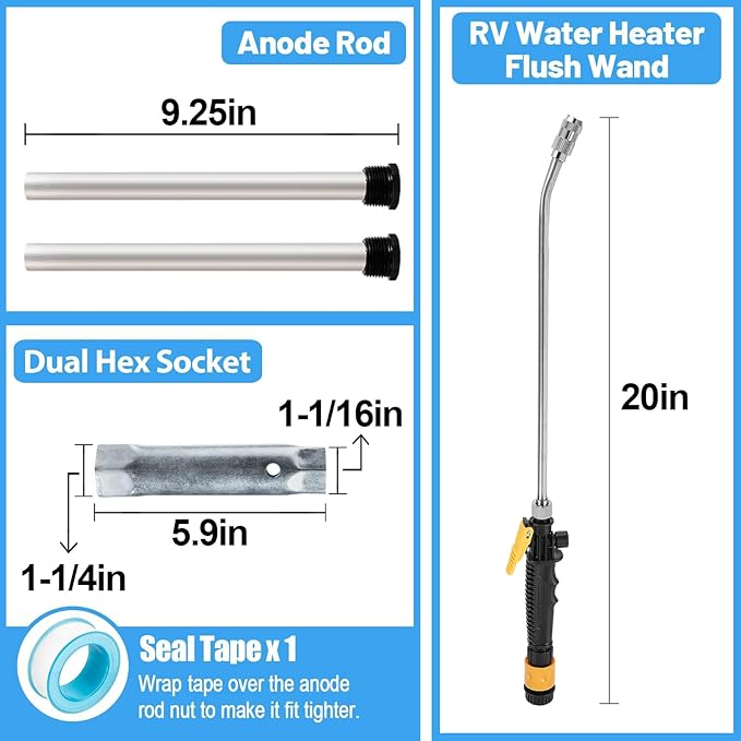 PAMASE 5Pcs RV Water Heater Anode Rod & Flush Wand & Element Socket Set - 9.25"L x 3/4"NPT Thread Magnesium Rod for Suburban, Mor-Flo, with Dual Hex Wrench, Camper Hot Water Tank Cleaning Rinser
