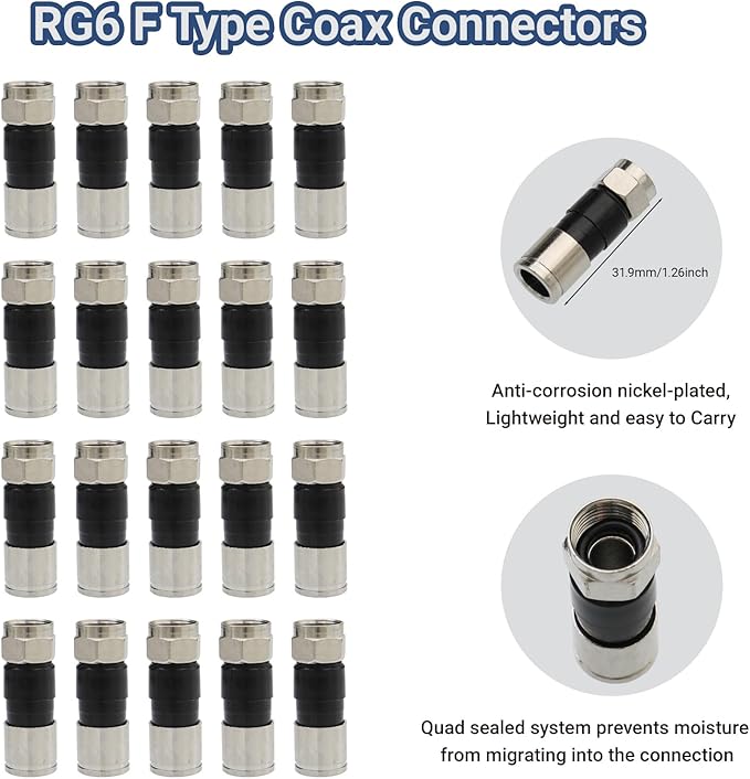 Coax Cable Crimper and F Style RG59 RG6 Connectors 40Pcs F Male And 10Pcs Female to Female with Coaxial Compression Tool Kit Wire Stripper