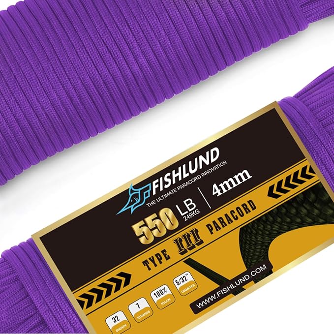 Paracord 550 lb, 7 Strand Paracord Rope 100ft 4mm, Nylon Parachute Cord for Camping, Purple