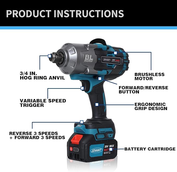 Cordless Impact Wrench Kit, 20V MAX 3/4 Impact Gun, 1474Ft-lbs(2000N.m) Brushless Impact Wrenches, Power Wrench with 6-Mode Speed, 2x4.0Ah Batteries Cordless Impact Driver for Car/Mower