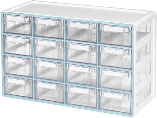 Blue Ginkgo Medium 16-Drawer Cabinet ??Stackable Clear Organizer for Hardware, Beads, Plastic Bricks, Office, and Craft Storage (Made in Korea, Blue)